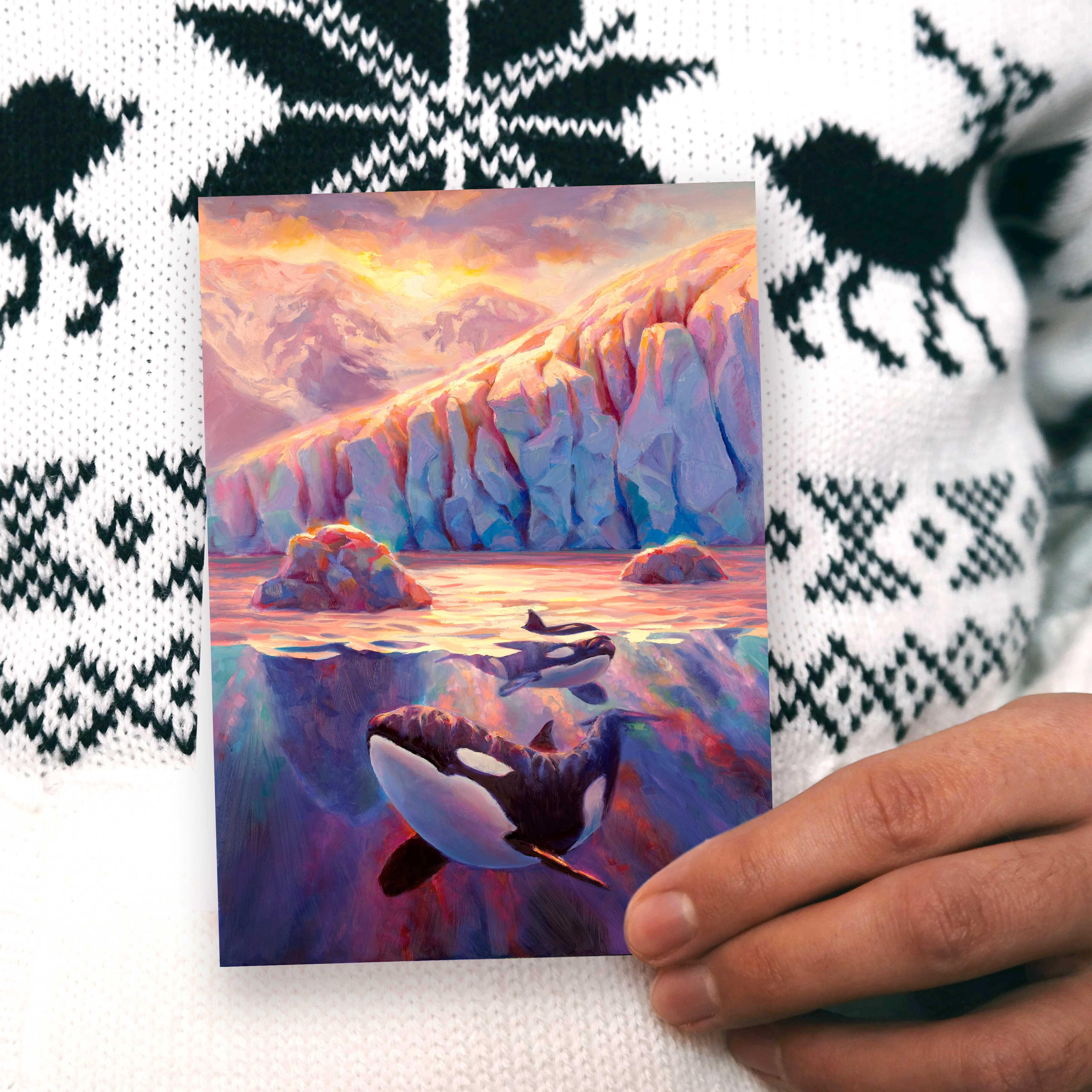 Orca Killer Whale greeting card with Glacier Fjord at Sunrise By Alaska artist Karen Whitworth