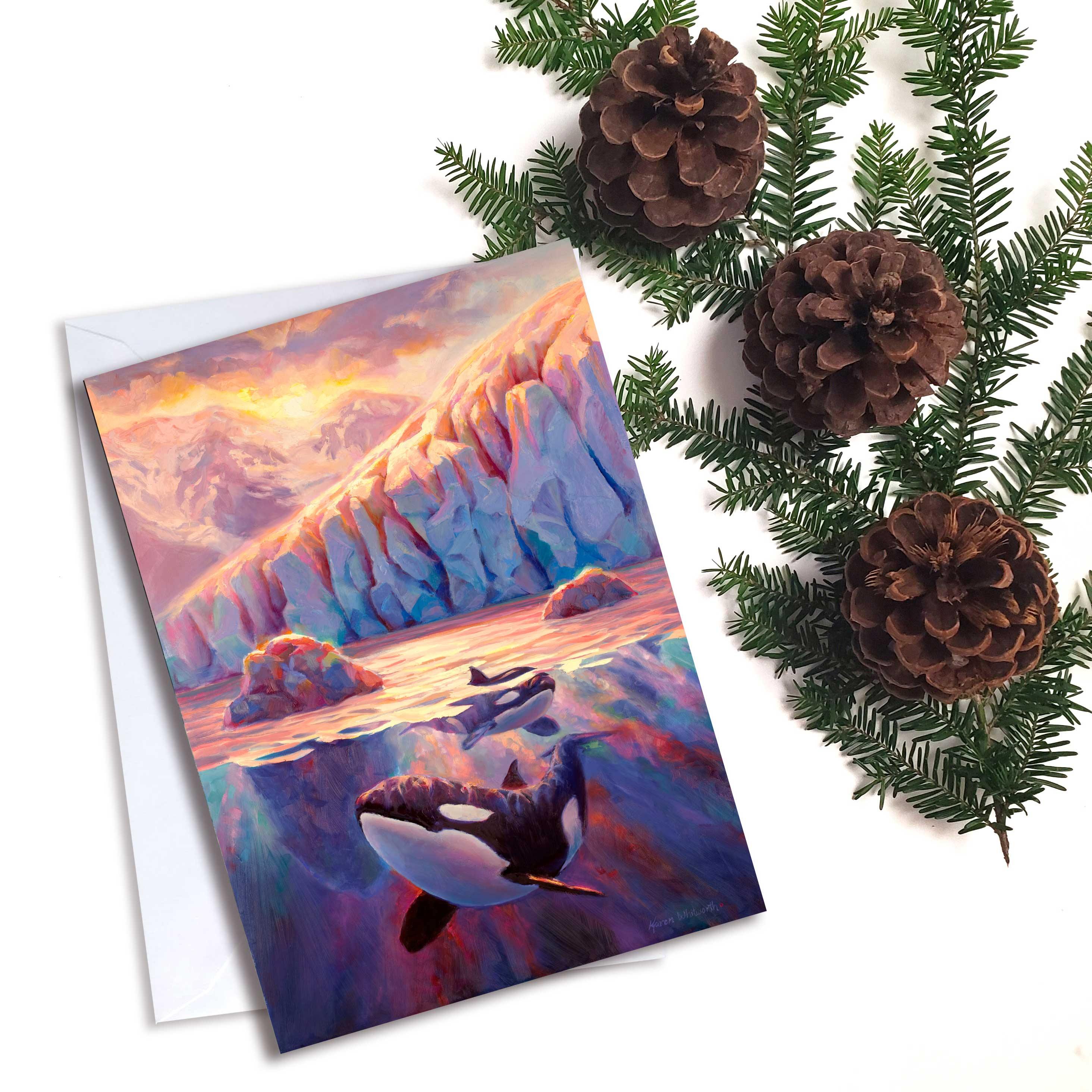 Orca Killer Whale greeting card with Glacier Fjord at Sunrise by Alaska artist Karen Whitworth