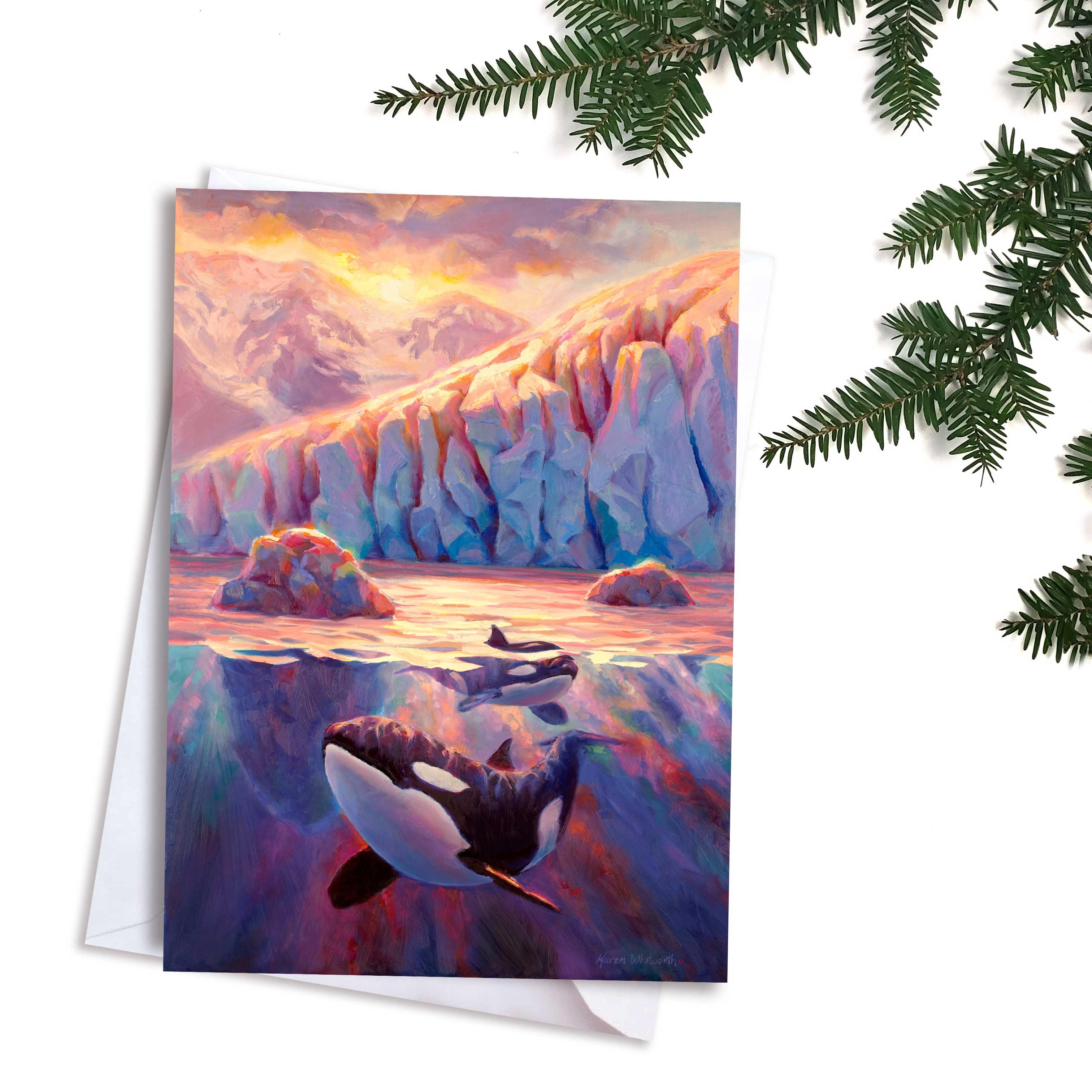 Orca Killer Whale greeting card with Glacier Fjord at Sunrise by Alaska artist Karen Whitworth