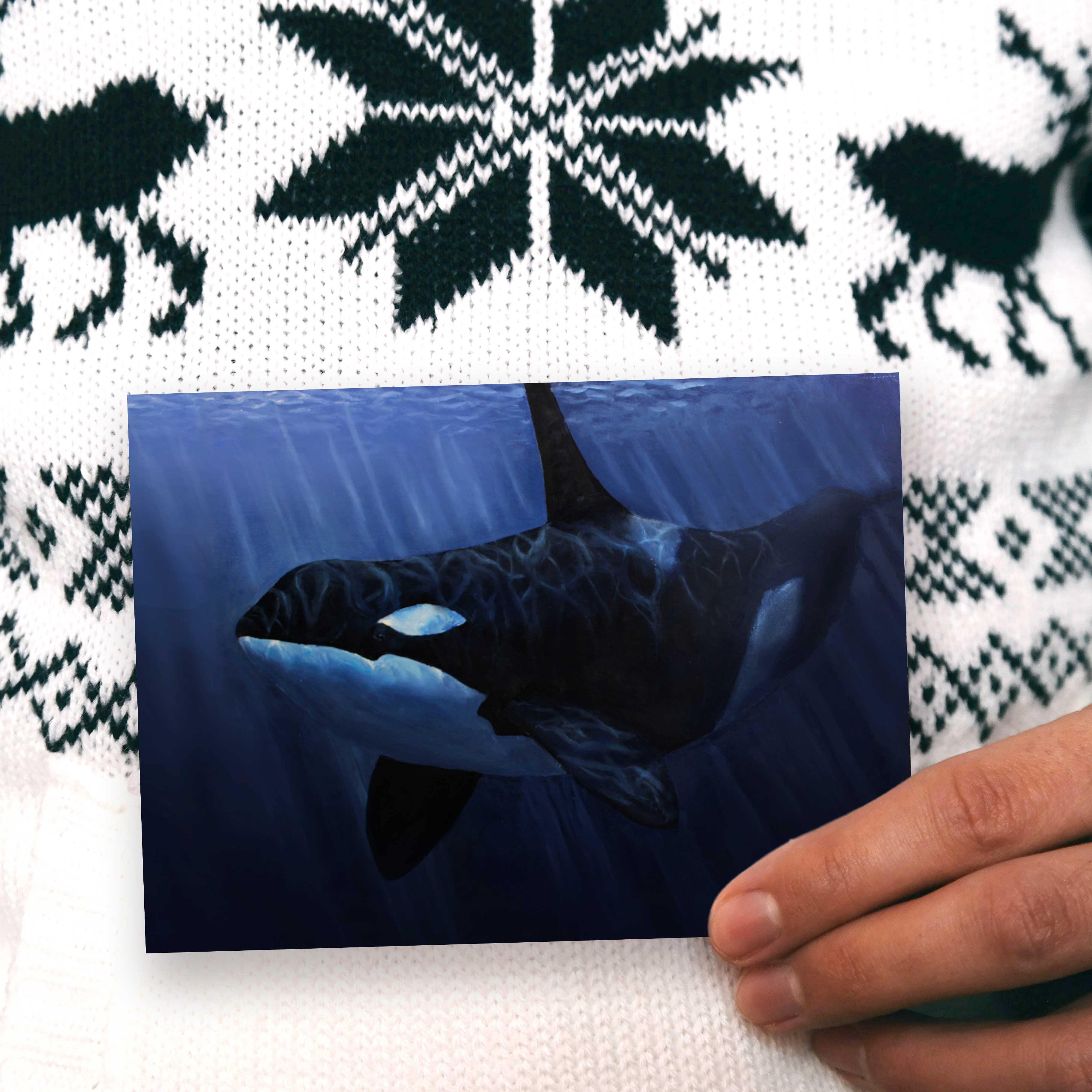 Orca Killer Whale in the blue ocean greeting card by Alaska artist Karen Whitworth.