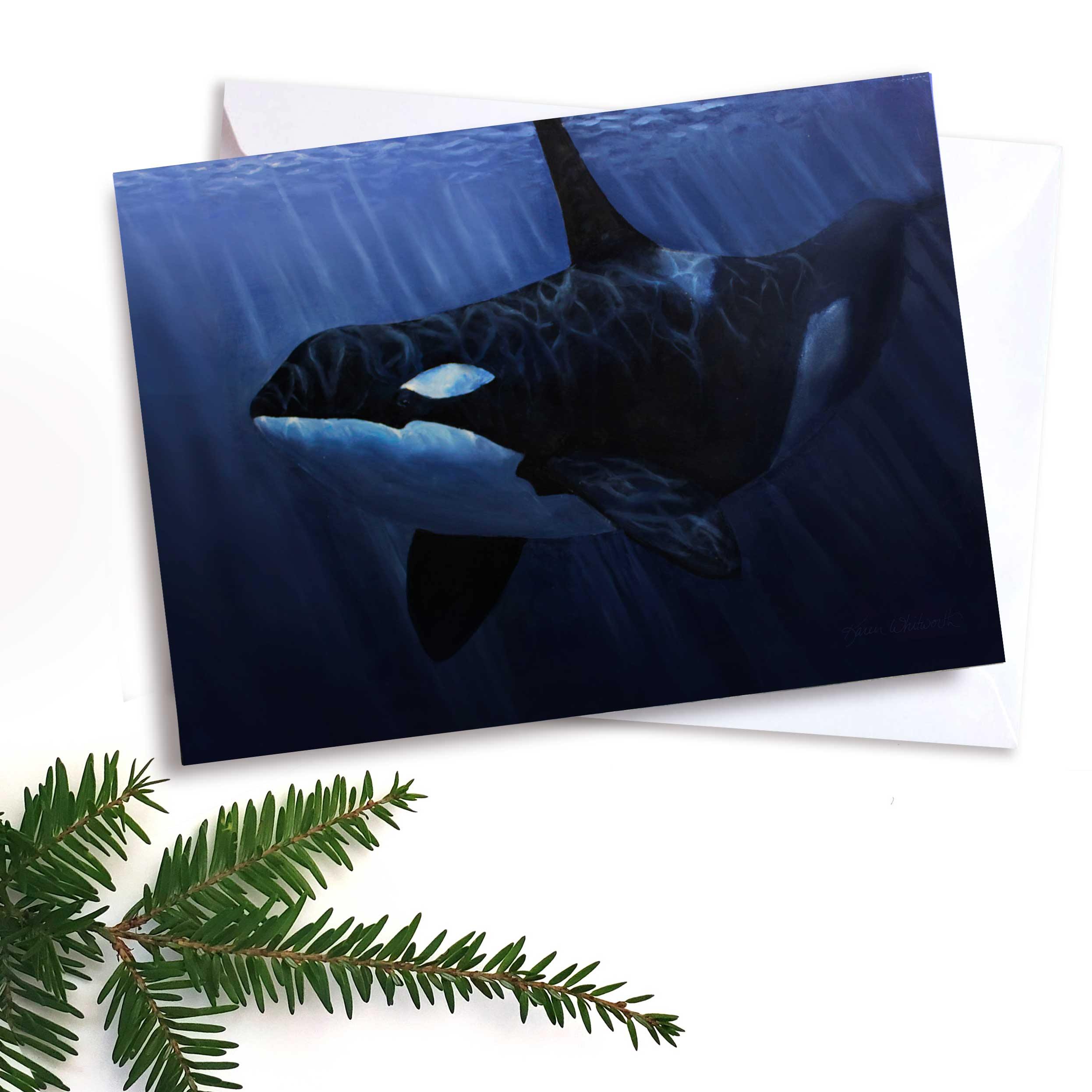Orca Killer Whale in the blue ocean greeting card by Alaska artist Karen Whitworth.