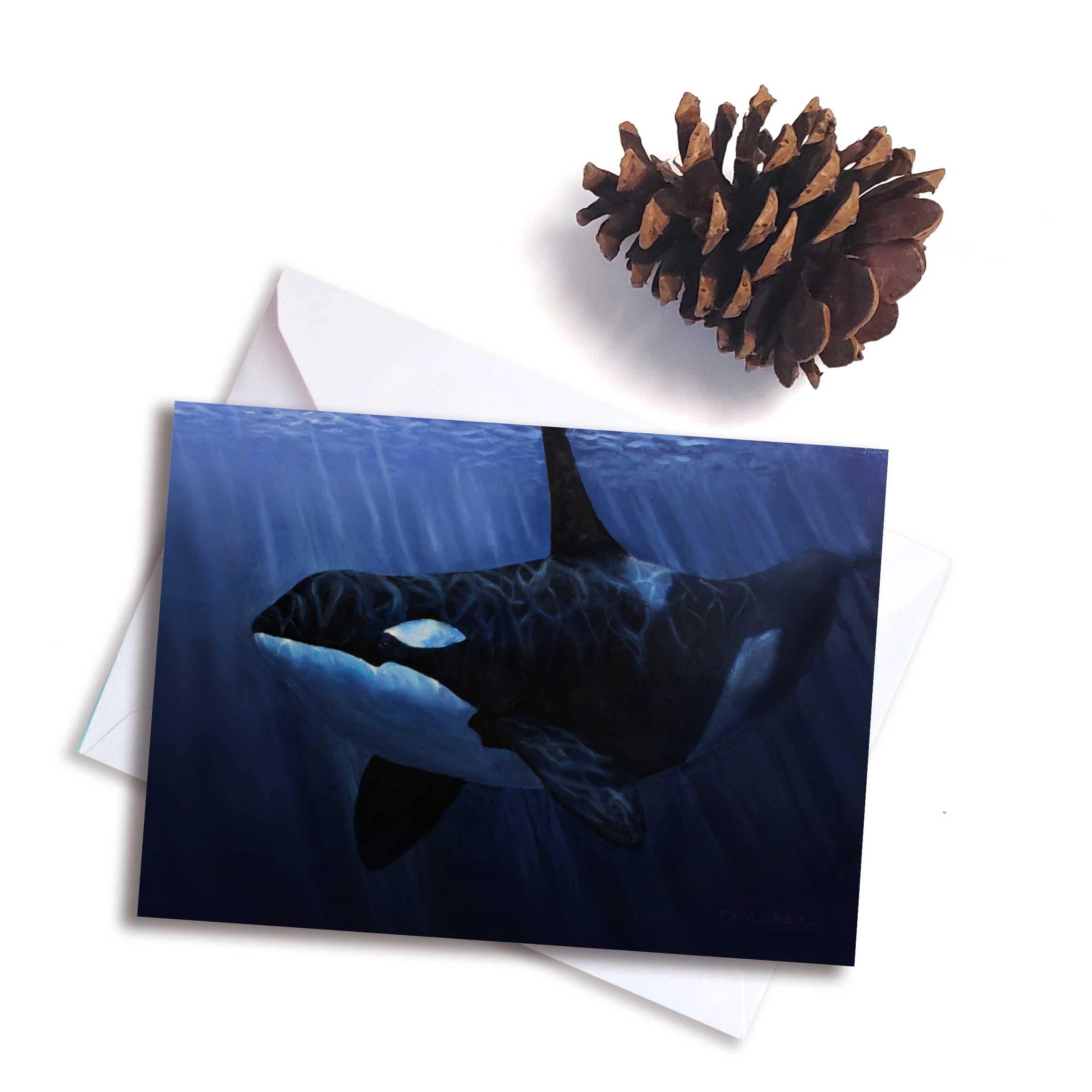 Orca Killer Whale in the blue ocean greeting card by Alaska artist Karen Whitworth.