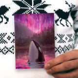 Orca Killer Whale greeting card with pink Northern Lights by Alaska artist Karen Whitworth