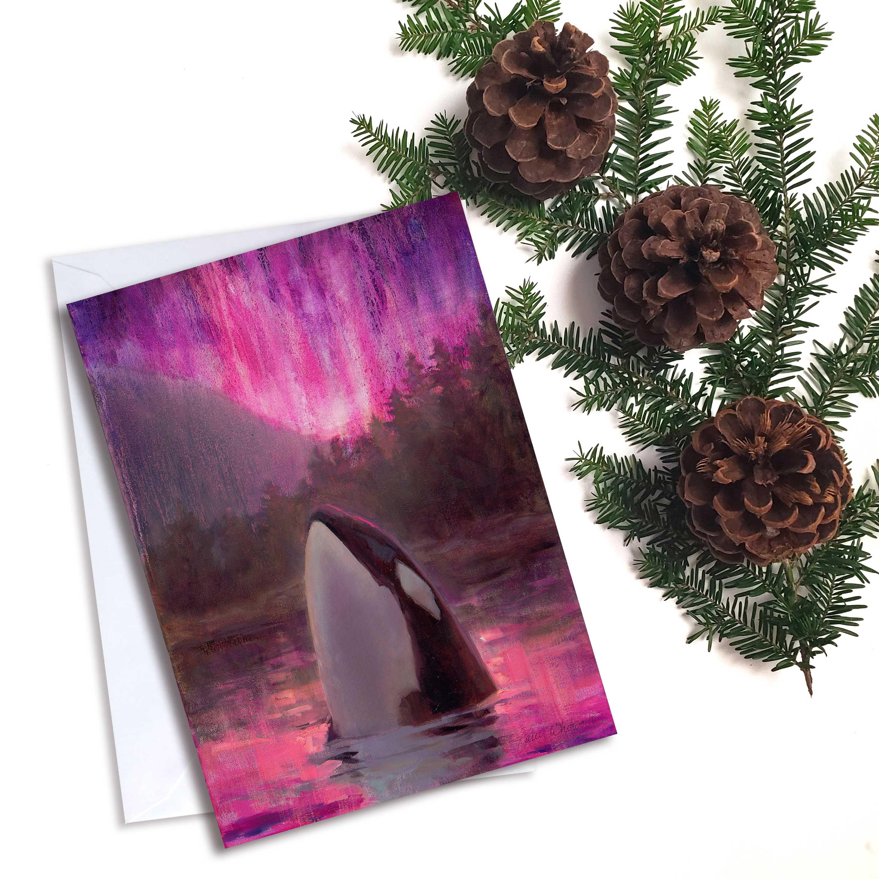 Orca Killer Whale greeting card with pink Northern Lights by Alaska artist Karen Whitworth