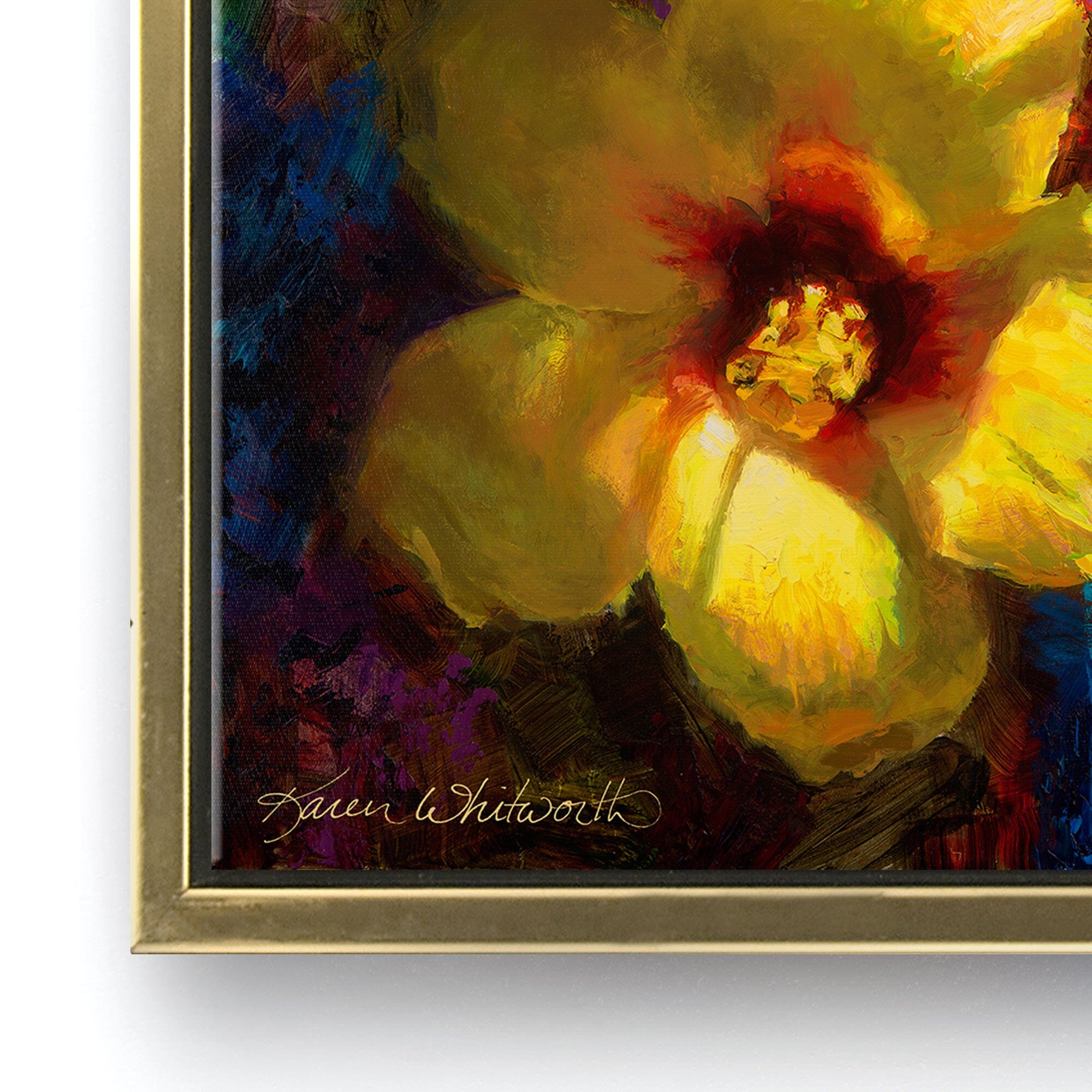 Detail shot depicting the corner portion of a hibiscus flower painting with a gold frame against a white wall.