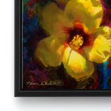 Detail shot depicting the corner portion of a hibiscus flower painting with a black frame against a white wall.