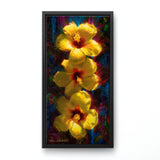 Vertical floral painting of tropical hibiscus flowers by artist Karen Whitworth. The 3 bright yellow flowers sit one on top of the other illuminated in sunlight against a dark background. The painting is framed in a sleek black contemporary frame and hanging on a white wall. 