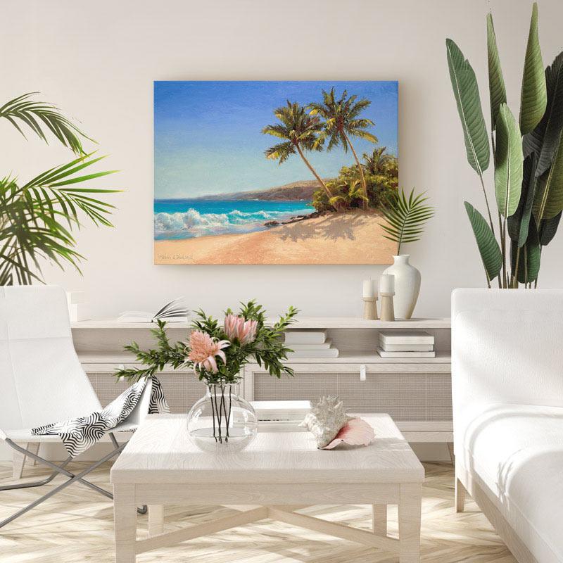 Palm tree painting on canvas with Hawaiian beach landscape by tropical artist Karen Whitworth