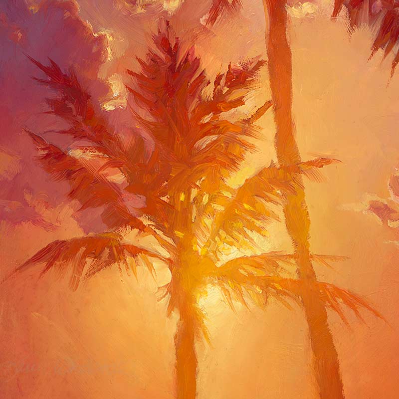 Hawaii palm tree sunset painting on canvas by tropical landscape artist Karen Whitworth titled "Always Together"