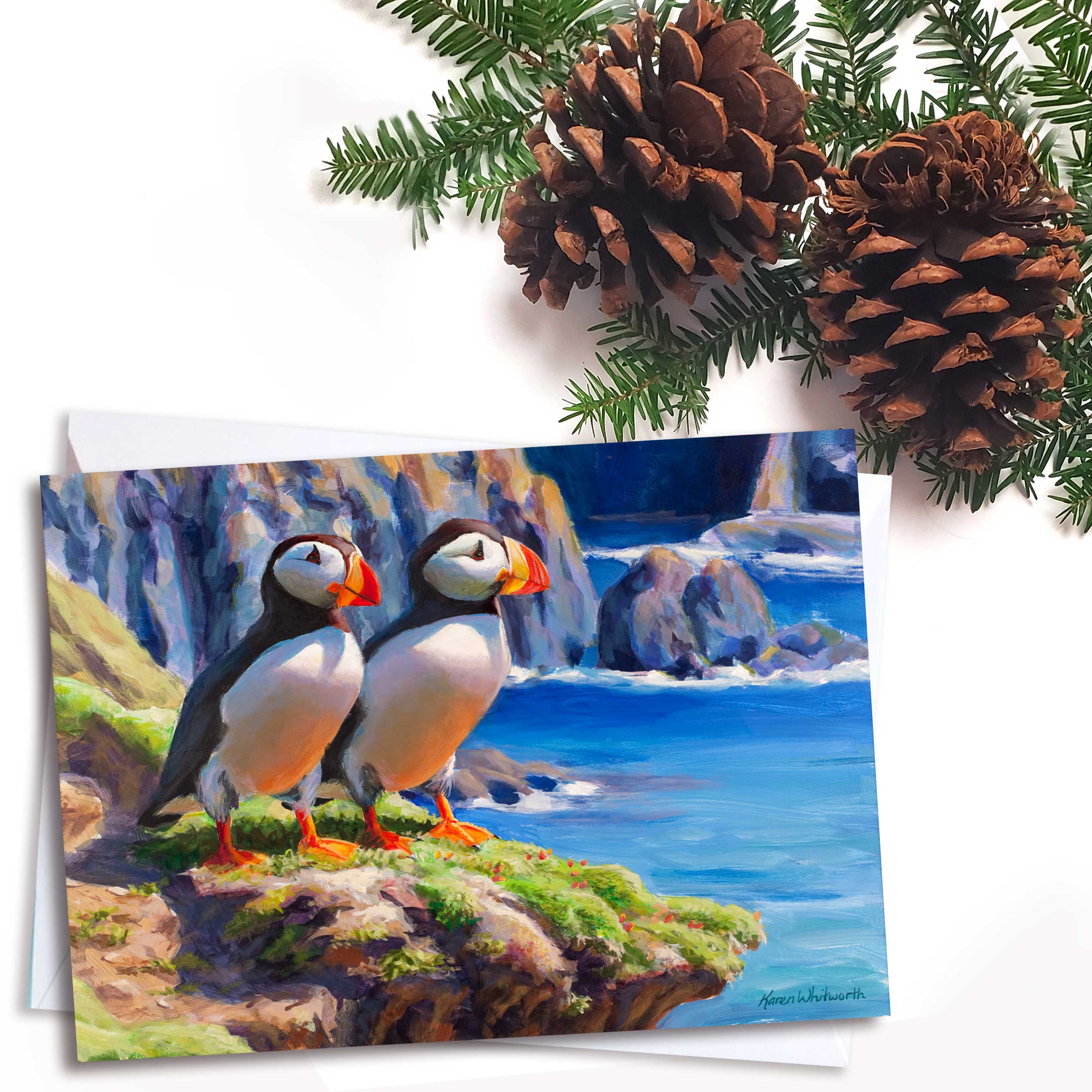 Puffins on the costal shores greeting card by Alaska artist Karen Whitworth