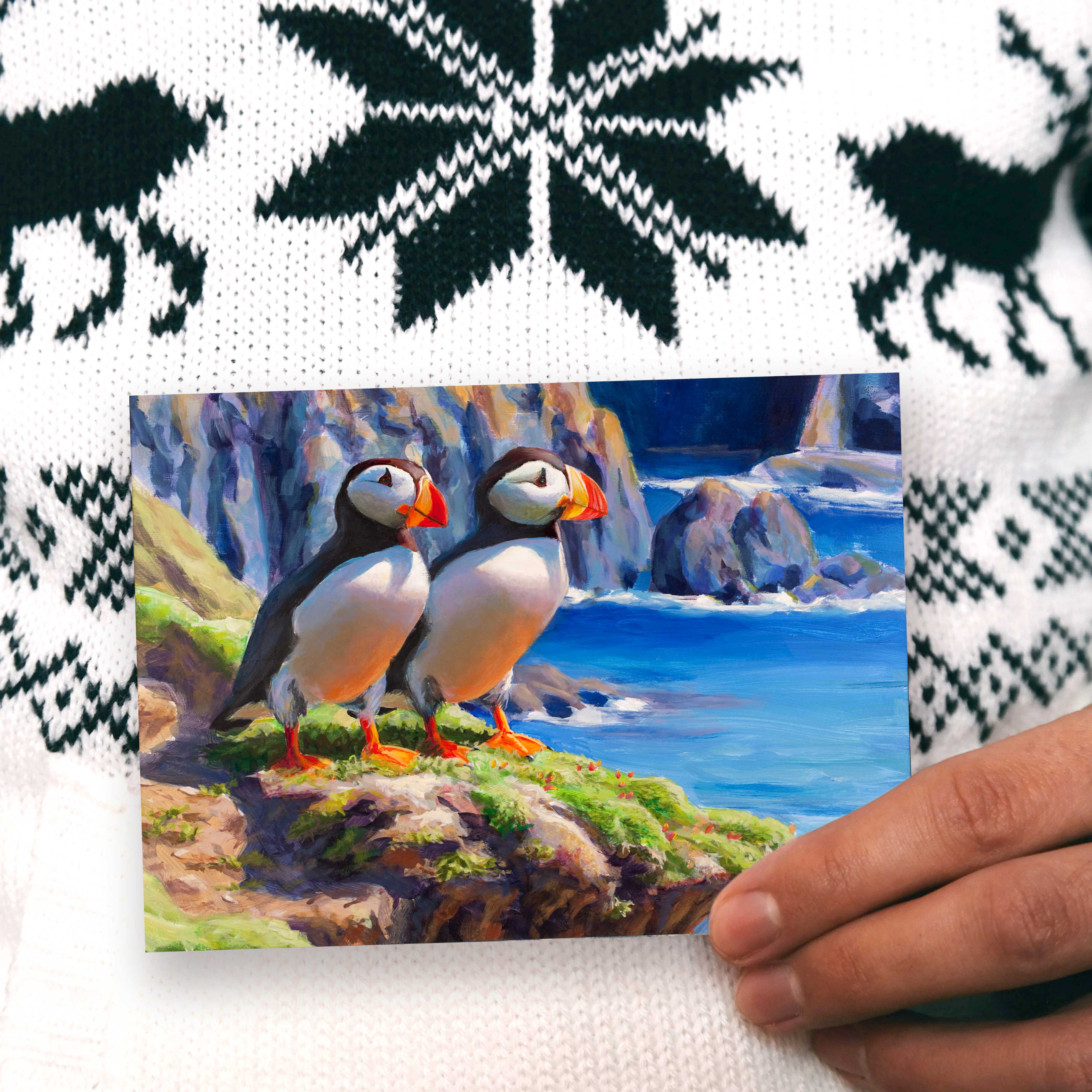 Puffins on the costal shores greeting card by Alaska artist Karen Whitworth