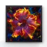 Square canvas wall art in a contemporary minimalist frame. The artwork is a painting by Karen Whitworth of a large Hawaiian hibiscus flower, painted in a lively impressionistic style. Vibrant colors and brushstrokes swirl around the flower in a dark background. The painting is hanging on a white wall.