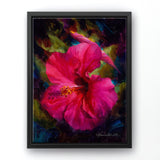 Hawaiian Hibiscus canvas art of pink tropical flower painting by Karen Whitworth. The artwork is framed in a black floater frame and is hanging on a white wall.