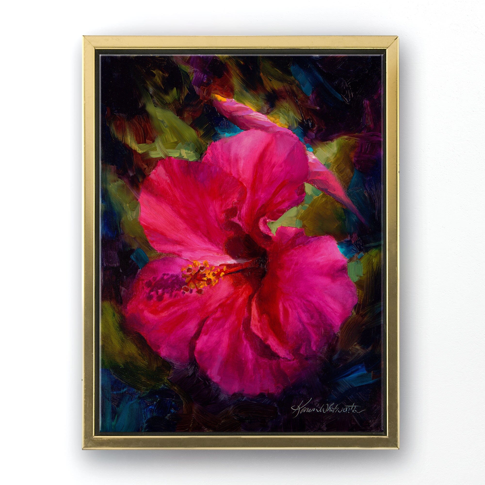 Hawaiian Hibiscus canvas art of pink tropical flower painting by Karen Whitworth. The artwork is framed in a gold floater frame and is hanging on a white wall.