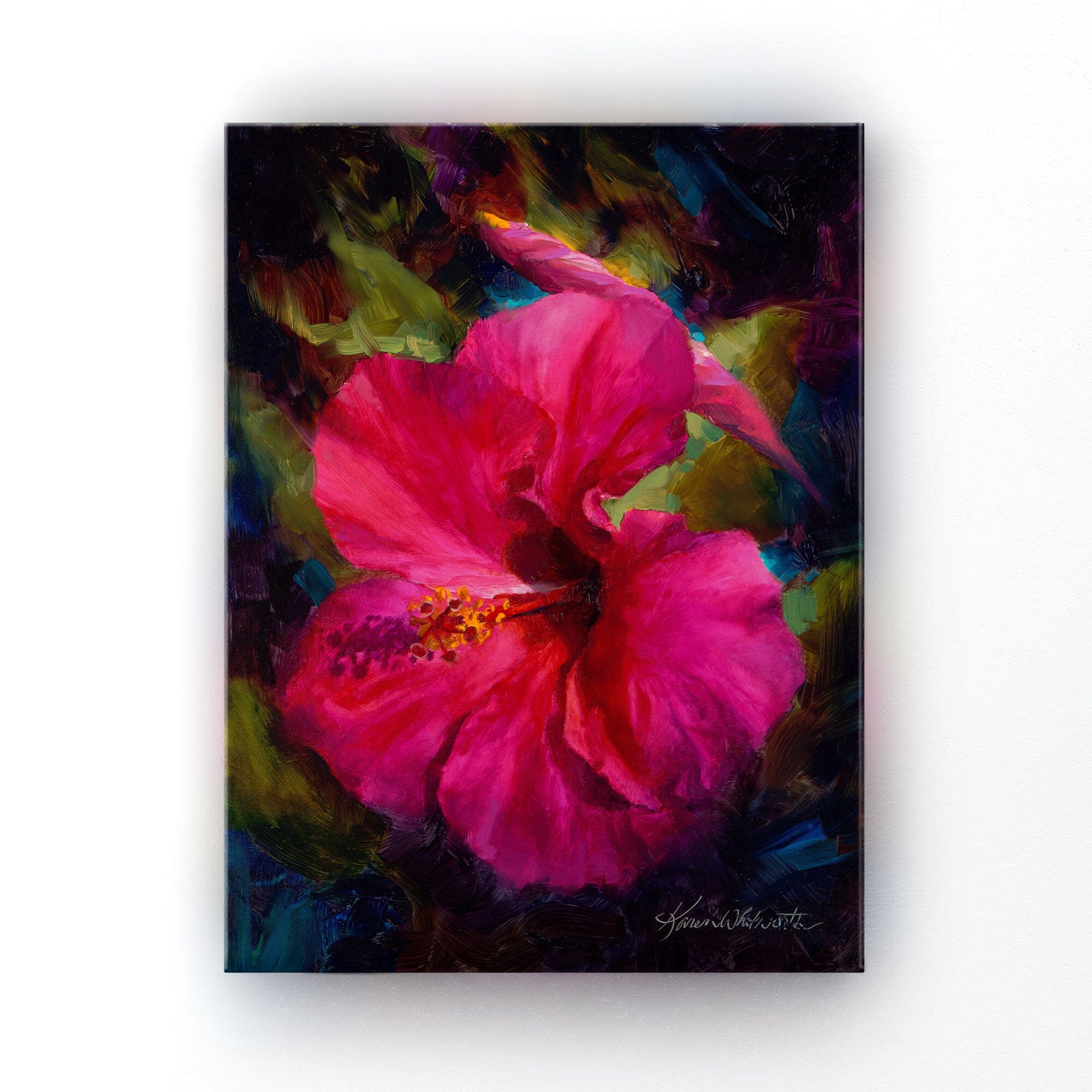 Hawaiian Hibiscus canvas art of pink tropical flower painting by Karen Whitworth. The artwork is hanging on a white wall.