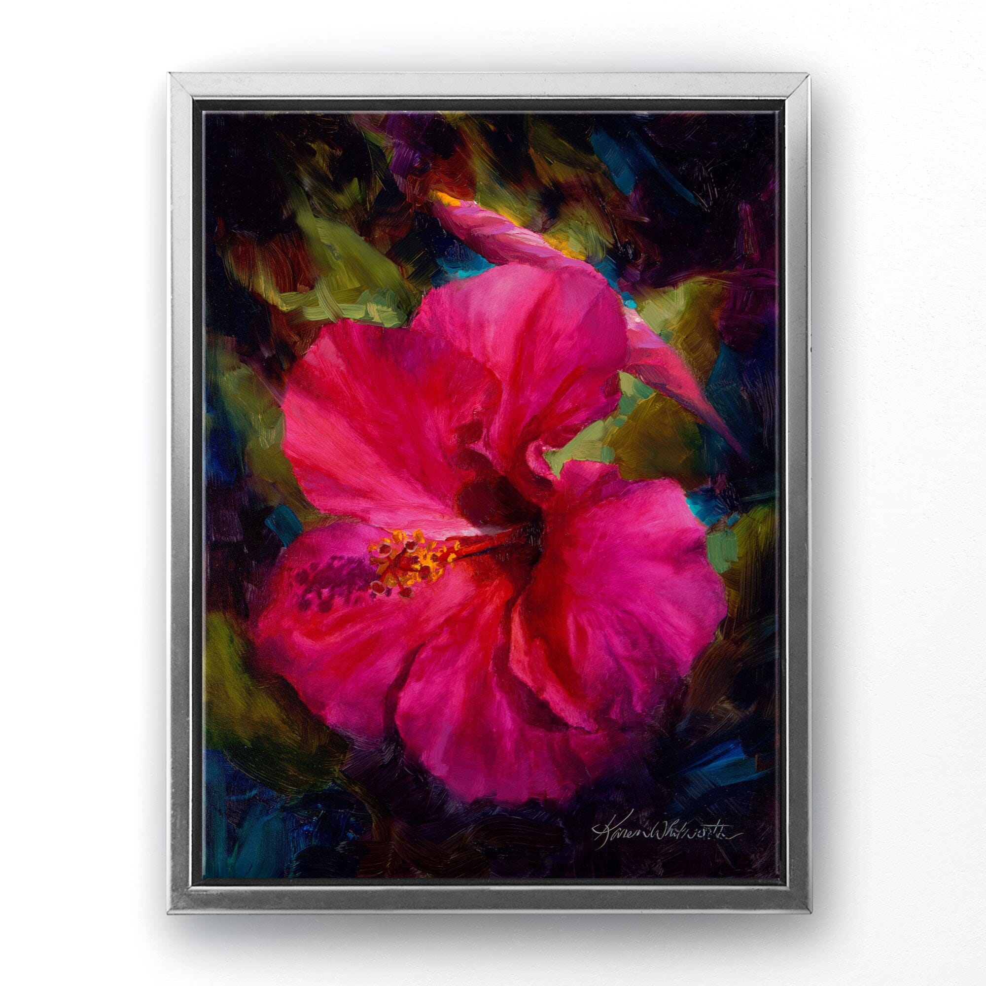 Hawaiian Hibiscus canvas art of pink tropical flower painting by Karen Whitworth. The artwork is framed in a silver floater frame and is hanging on a white wall.