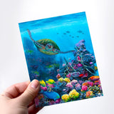 Green Sea Turtle Greeting Card With Tropical Reef & Fish