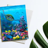 Green Sea Turtle Greeting Card With Tropical Reef & Fish