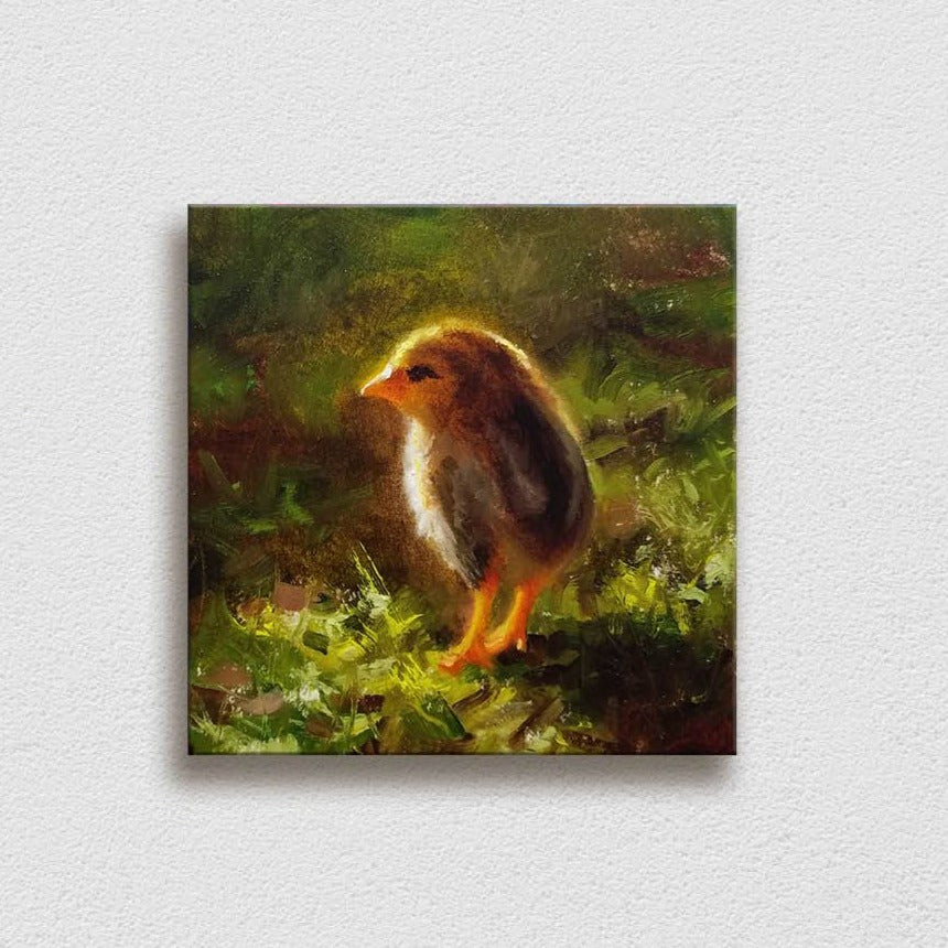 Canvas Painting of a  baby Kauai Chicken on a white wall, by Hawaii Gallery Artist Karen Whitworth