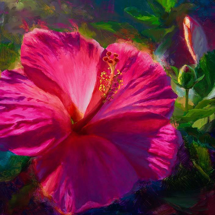 Hawaii flower art on canvas of pink hibiscus painting by Karen Whitworth