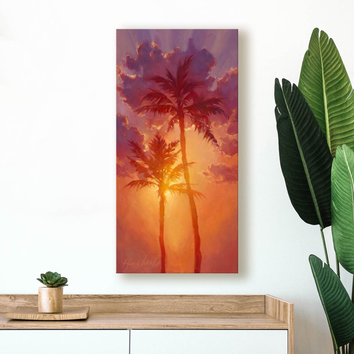 Palm tree art on canvas with colorful sky sunset and clouds