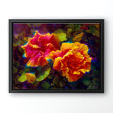 Hawaiian hibiscus painting on canvas by tropical flower artist Karen Whitworth in black frame on white wall