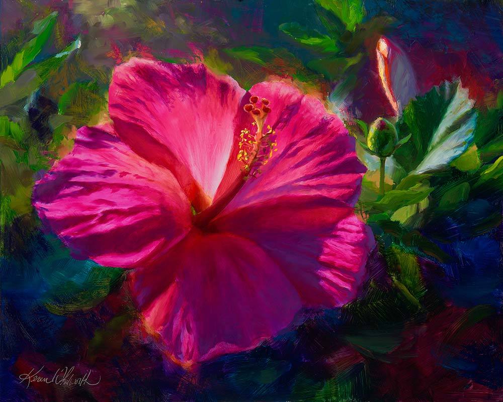 Hawaiian hibiscus painting on canvas by tropical flower artist Karen Whitworth