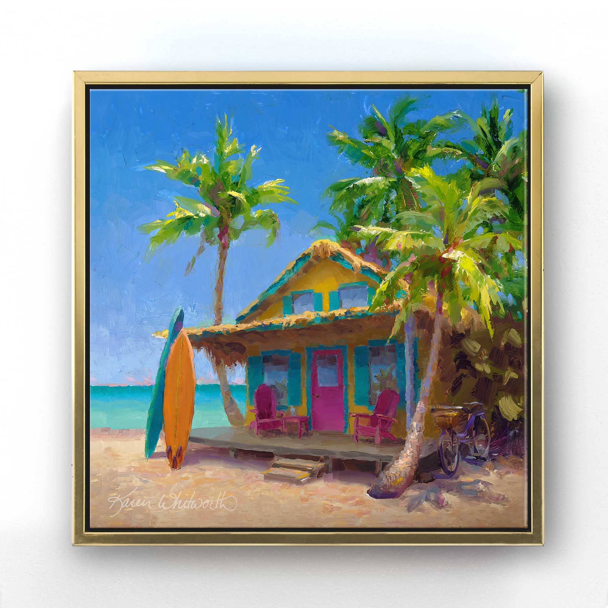 Surf Shack Painting of Beach House and Surf Boards Canvas Art Print by Karen Whitworth