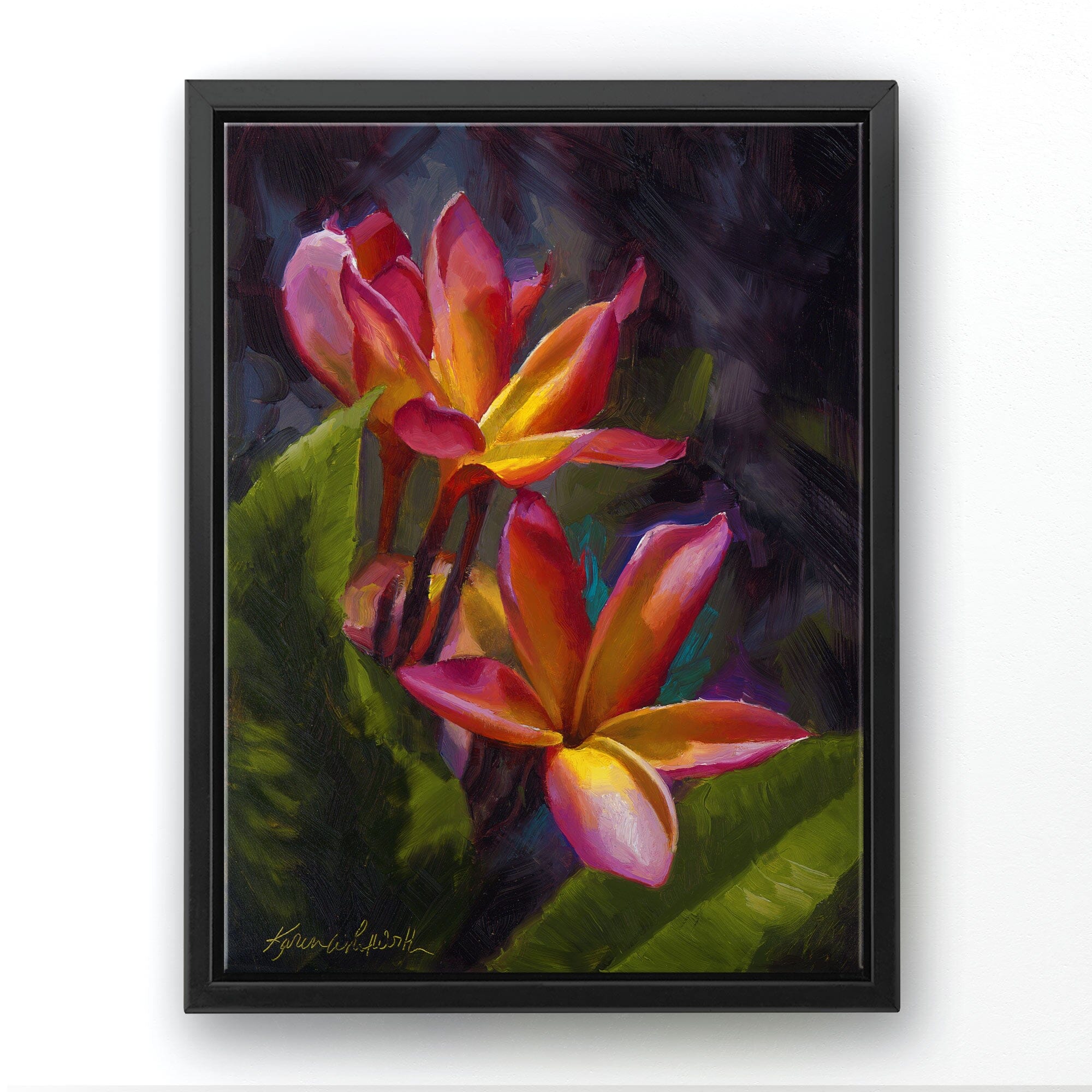 Tropical plumeria canvas art of Hawaii floral painting by artist Karen Whitworth. The canvas is framed in a black floater frame and is hanging on a white wall.