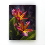 Tropical plumeria canvas art of Hawaii floral painting by artist Karen Whitworth. The canvas is hanging on a white wall.