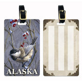 Alaska luggage tag with Chickadee bird in winter