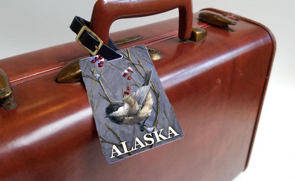 Alaska luggage tag with Chickadee bird in winter