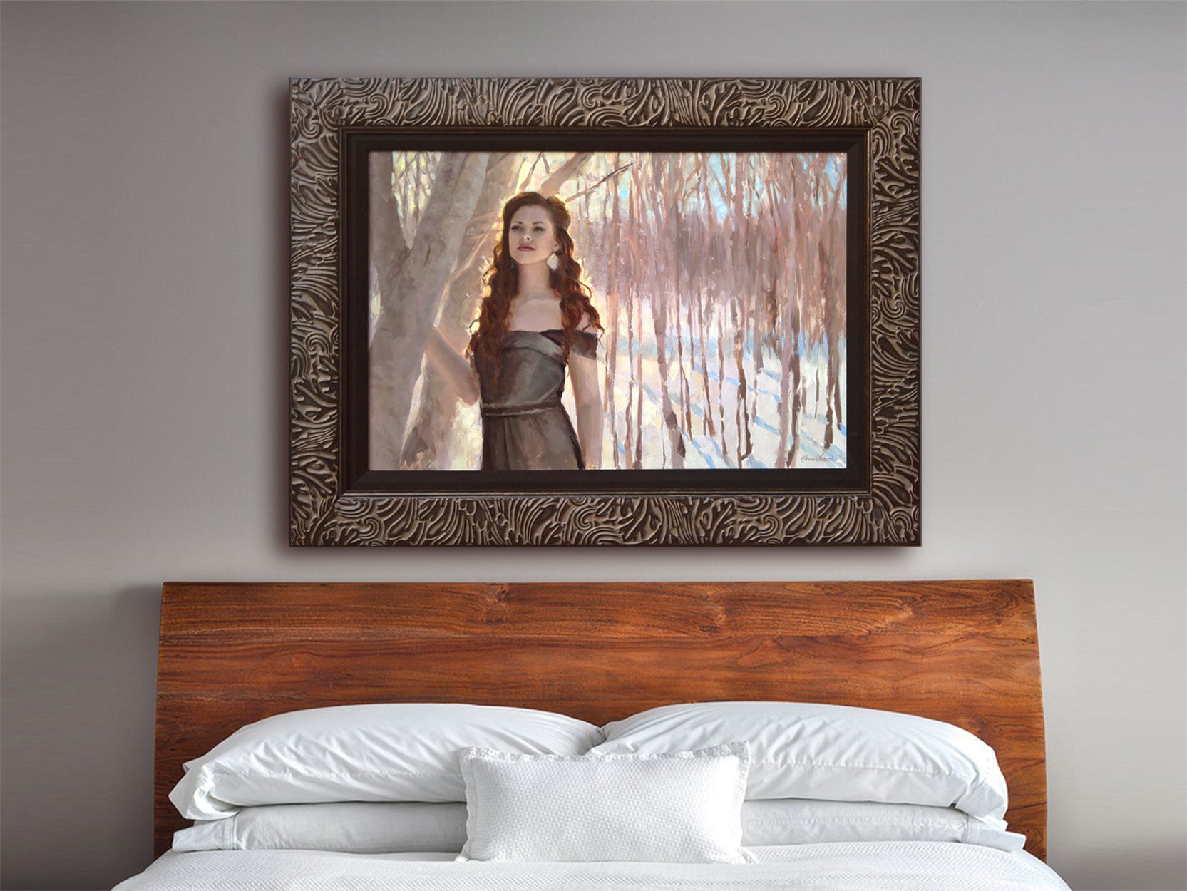 Framed Portrait Painting of Woman in a snowy winter forest. Figure in the Landscape oil painting by Karen Whitworth