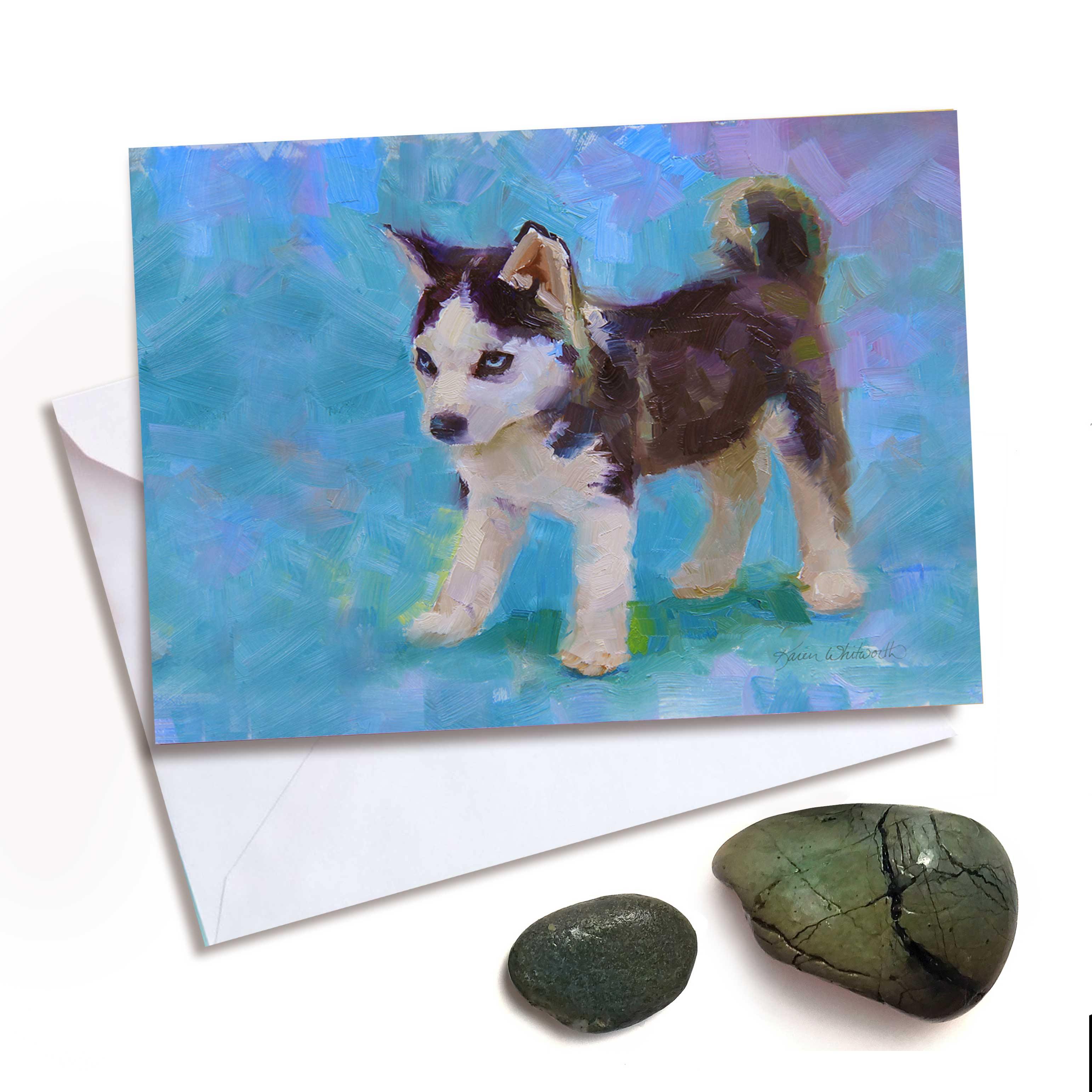 Husky puppy greeting card of Alaska sled dog by Alaska artist Karen Whitworth