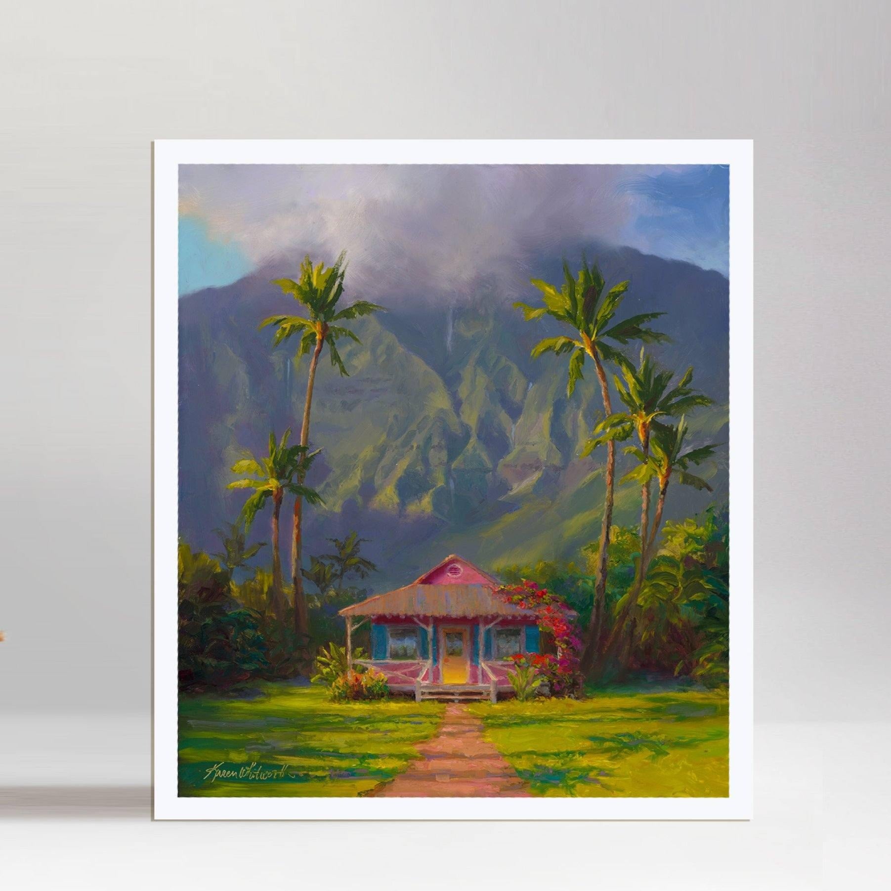Kauai landscape art print of Hanalei cottage and palm trees in Hawaii