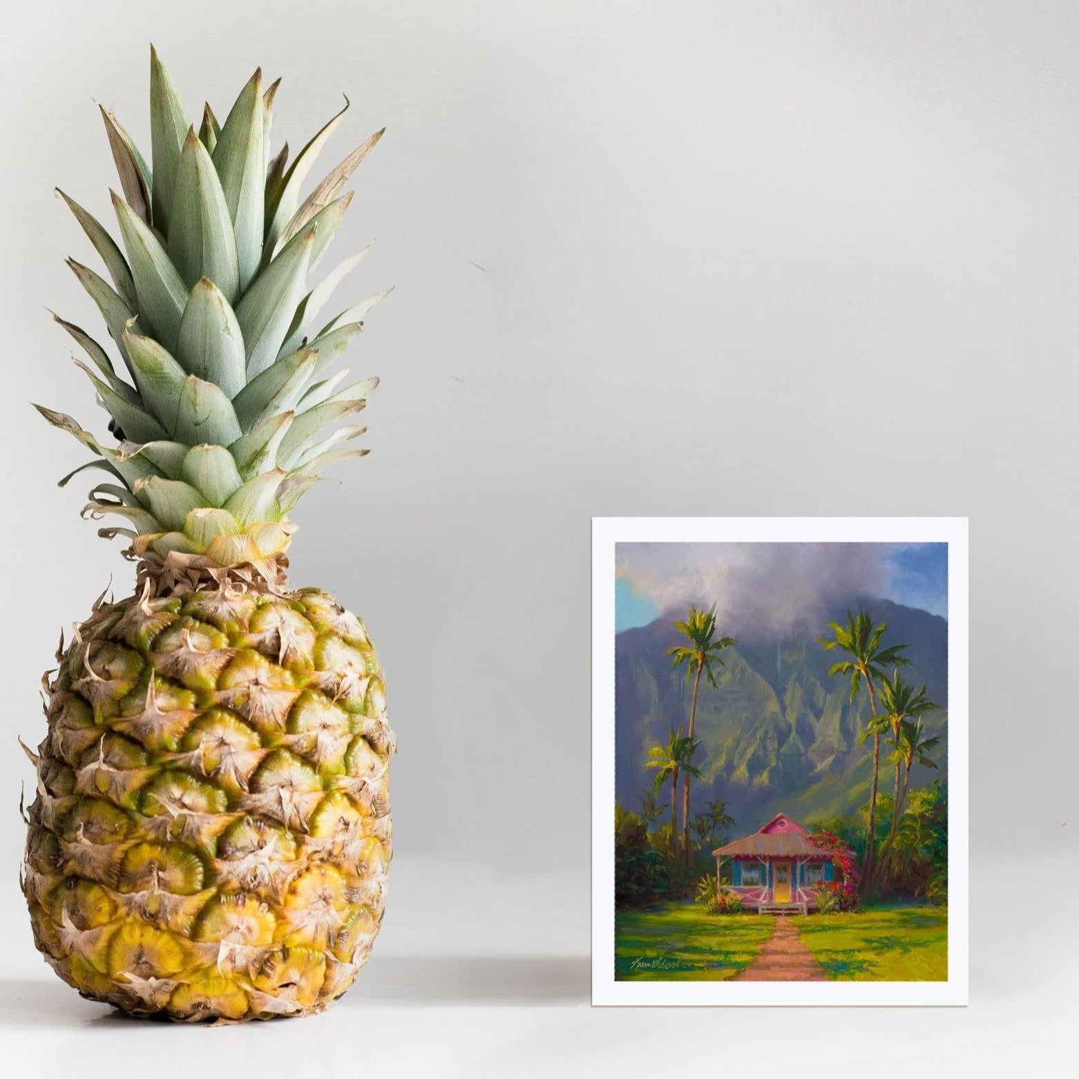 Kauai landscape art print of Hanalei cottage and palm trees in Hawaii