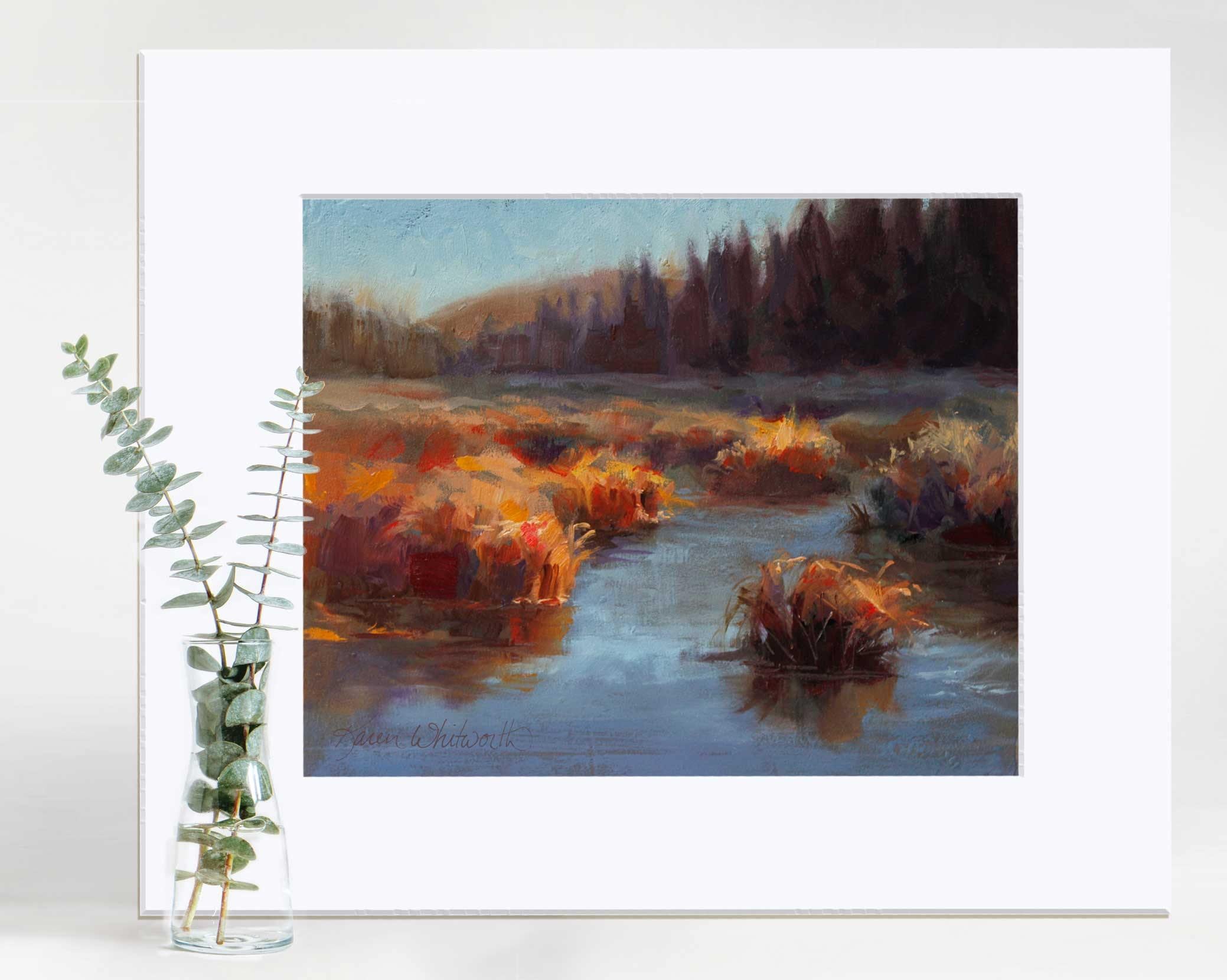 Colorful autumn wall art print of meadow landscape painting by nature artist Karen Whitworth