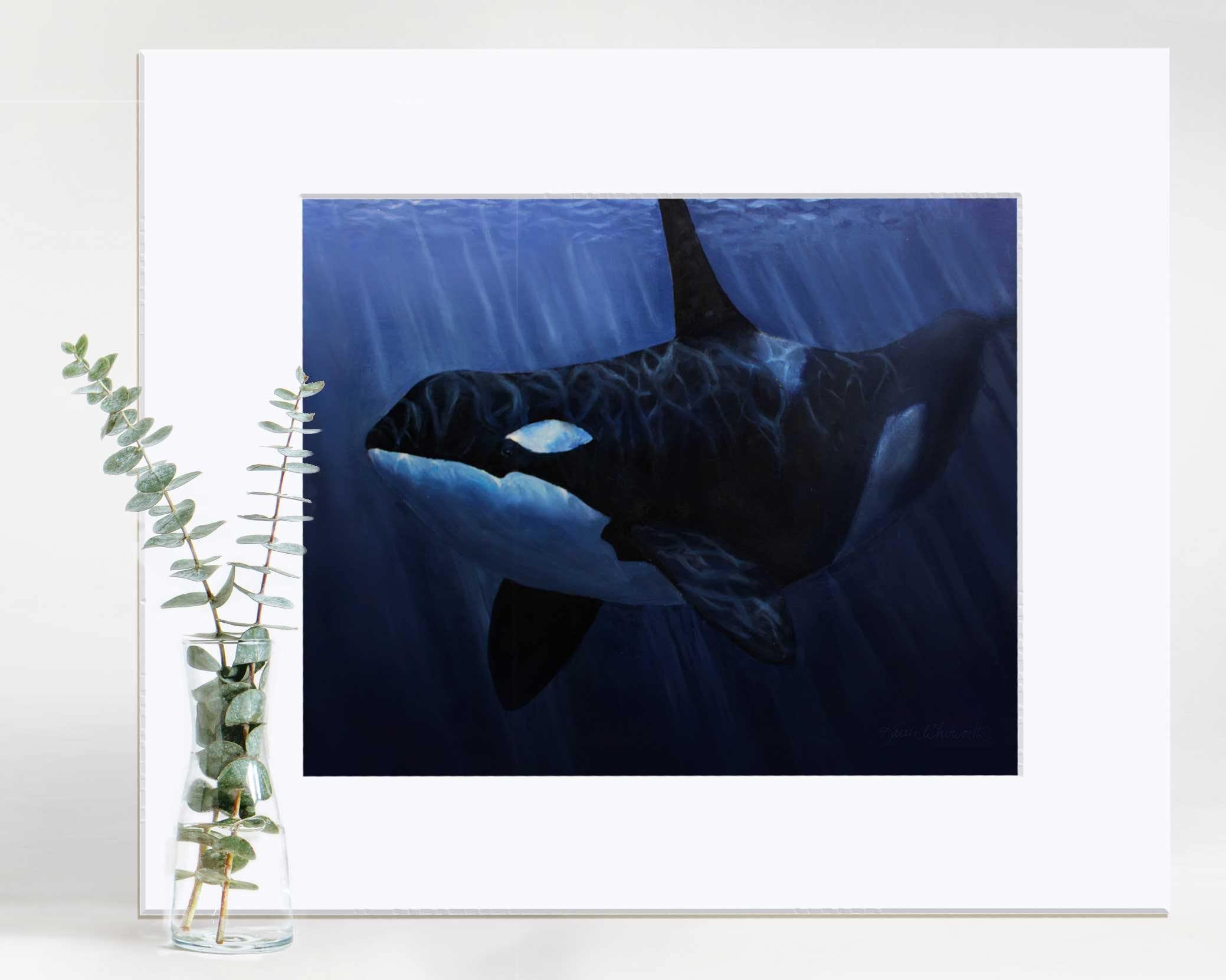 Wall art print of Orca killer whale and deep blue ocean in a painting by ocean artist Karen Whitworth