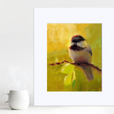 Bright painting of black capped chickadee bird by wildlife artist Karen Whitworth