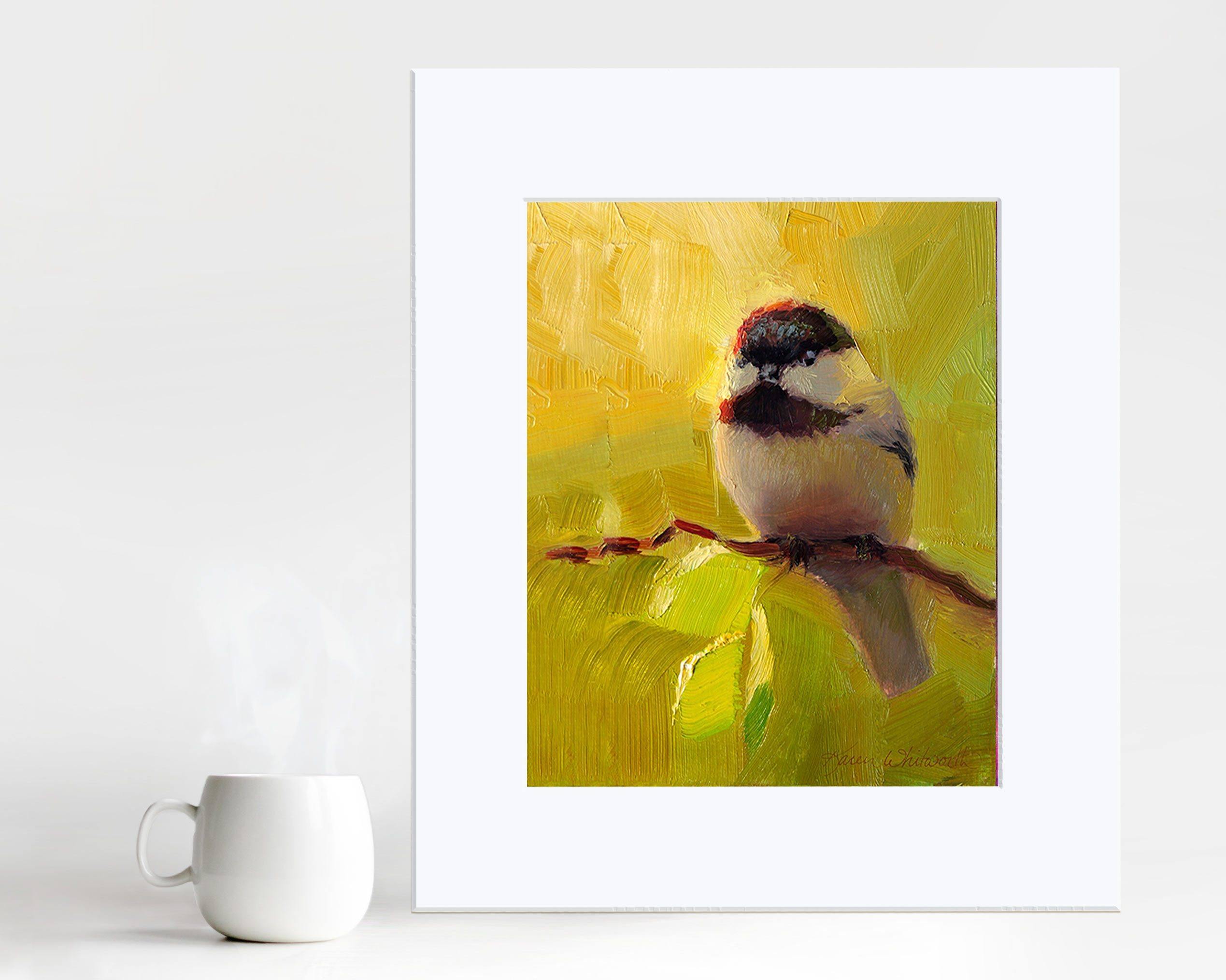 Bright painting of black capped chickadee bird by wildlife artist Karen Whitworth