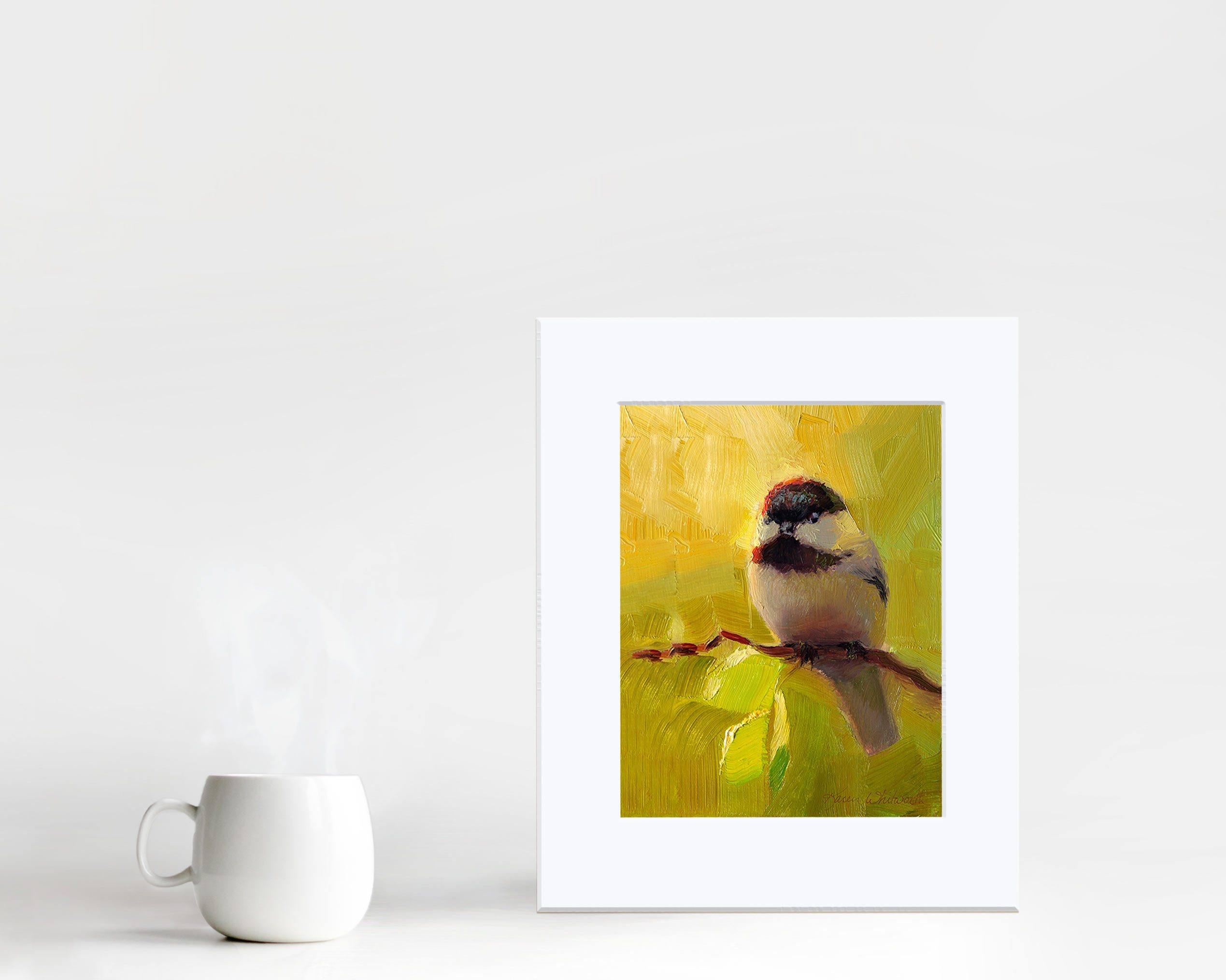 Bright painting of black capped chickadee bird by wildlife artist Karen Whitworth