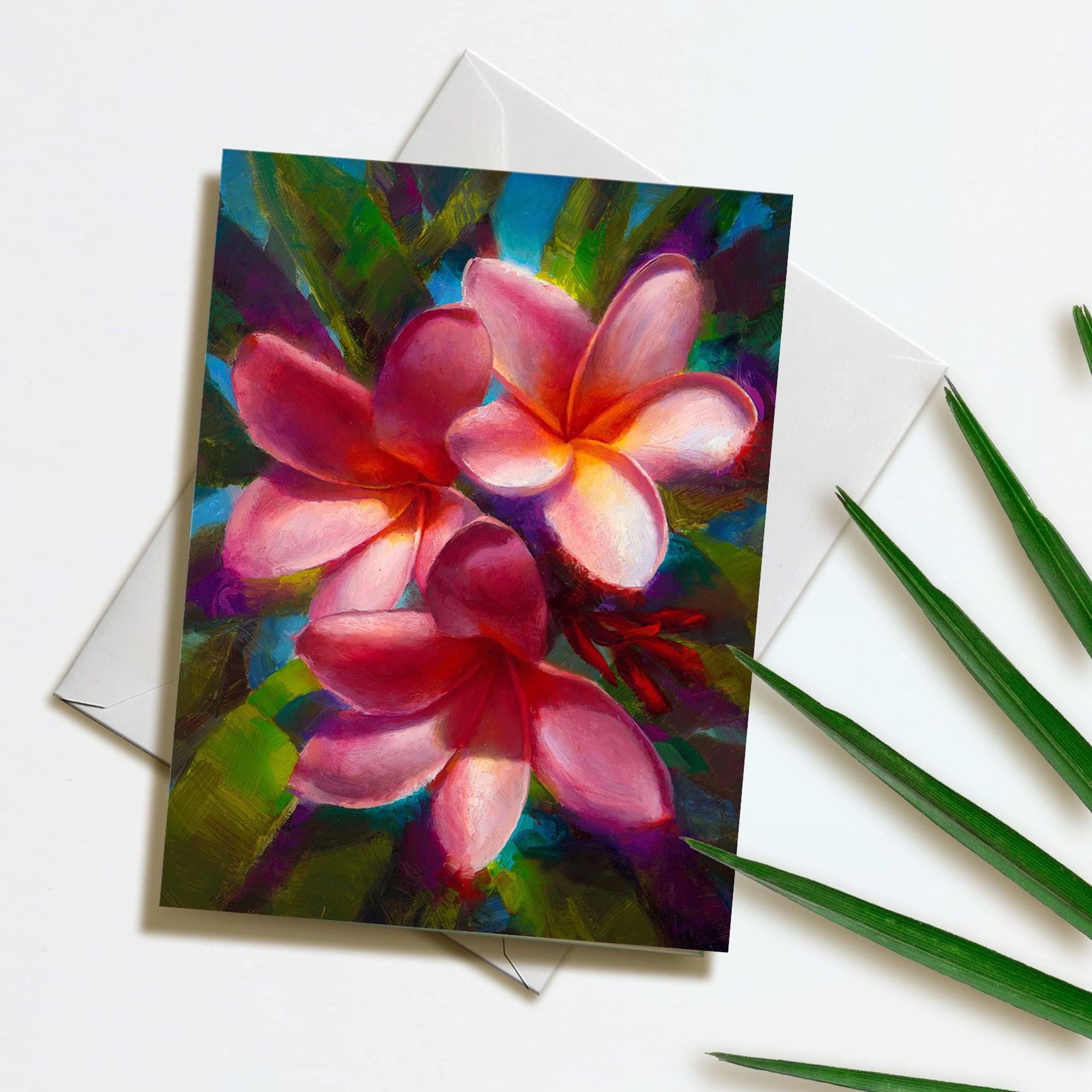 Pink Plumeria Flower Greeting Card with Palm Frond