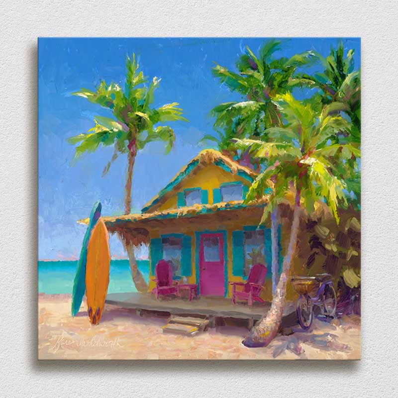 Beach shack and Hawaii beach by tropical landscape artist Karen Whitworth