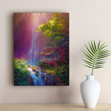 Hawaii canvas tropical art waterfall painting with cottage by Karen Whitworth on wall next to vase