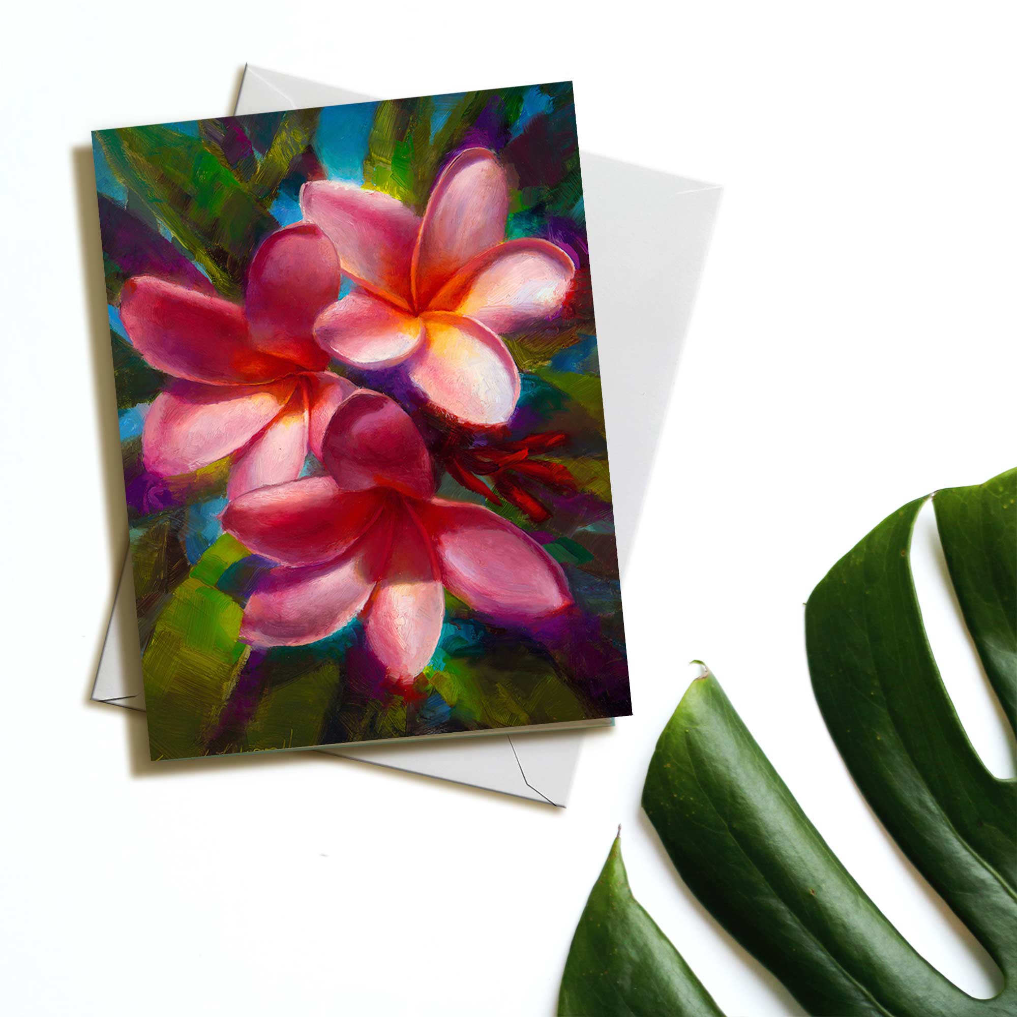 Pink Plumeria Flower Greeting Card with green leaf